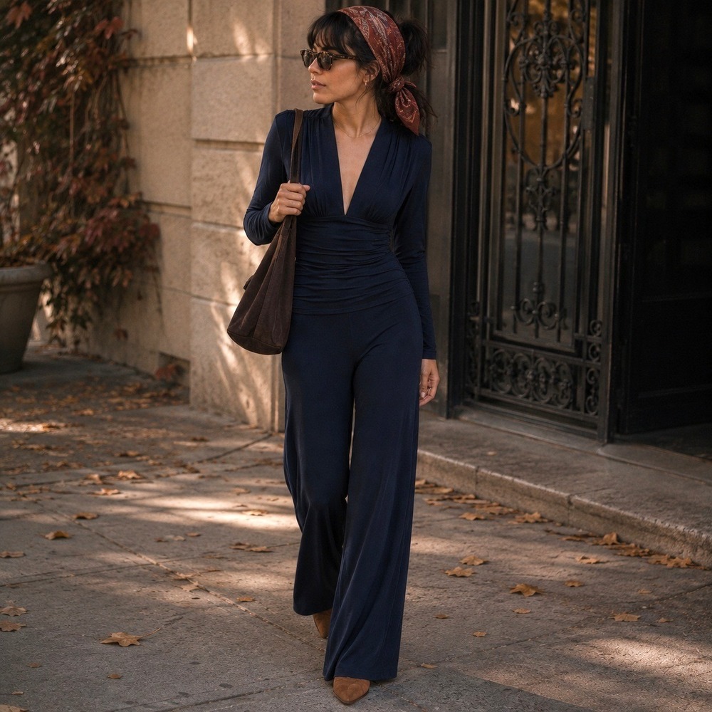 Norma Kamali V Neck Long Sleeve Shirred Waist Jumpsuit Midnight Navy L NEW